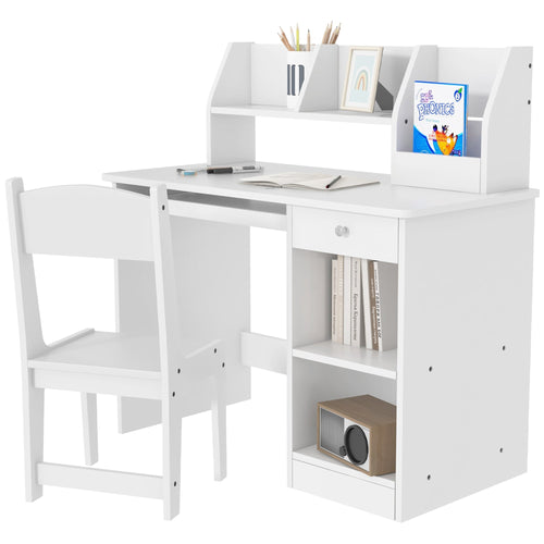 Kids Desk and Chair Set for 5-8 Year Old with Storage, Study Table and Chair for Children, White