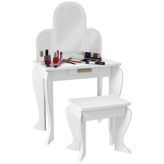 Kids Dressing Table and Chair Set, Girls Dressing Set, Makeup Desk with Drawer for 3-6 Years Old Kids, White - Gallery Canada