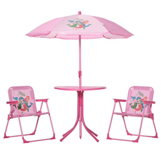 Kids Folding Picnic Table and Chair Set Pattern Outdoor Garden Patio Backyard with Removable &; Height Adjustable Sun Umbrella Pink at Gallery Canada