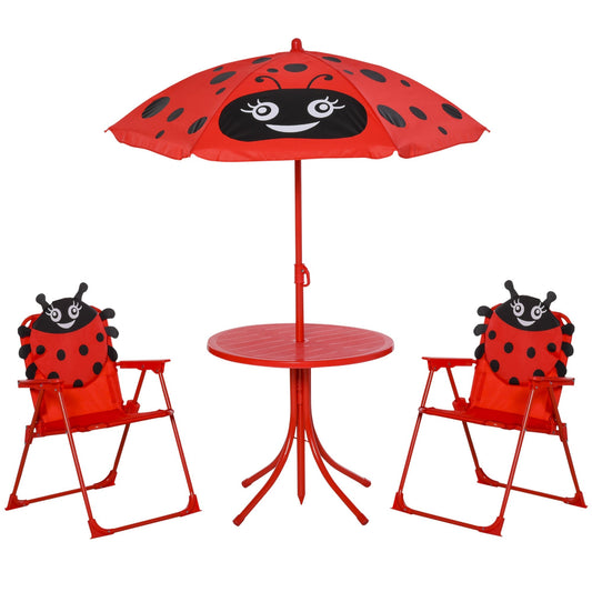 Kids Folding Picnic Table and Chair Set Pattern Outdoor Garden Patio Backyard with Removable &; Height Adjustable Sun Umbrella Red - Gallery Canada