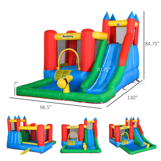 Kids Inflatable 6 in 1 Bouncy Castle House Trampoline Slide Water Pool Gun Climbing Wall Basket with Inflator for Kids Age 3-12 Summer 11.5' x 8.8' x 7' Multi-color - Gallery Canada