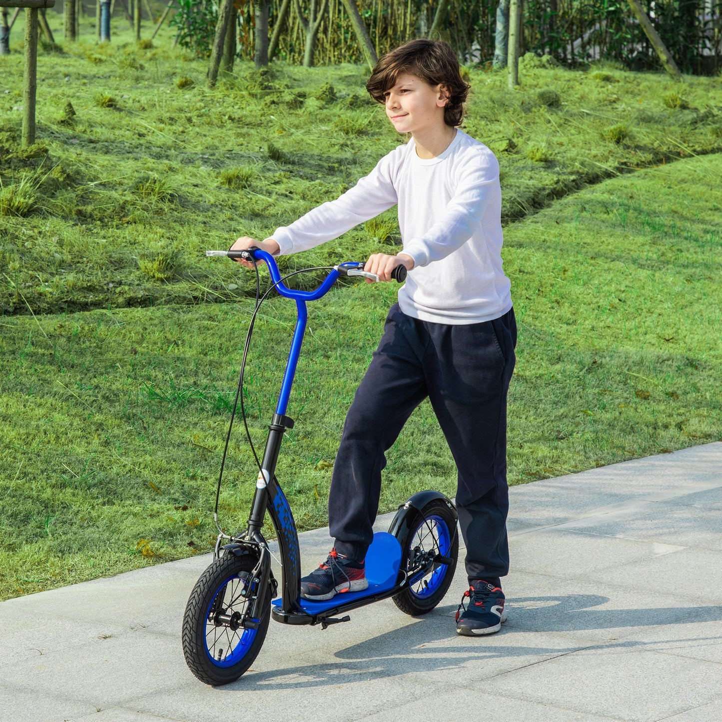 Kids Kick Scooter Adjustable Height, Front Rear Dual Brakes, 12-Inch Inflatable Rubber Wheels, for 5+ Years, Blue at Gallery Canada