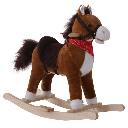 Kids Plush Ride On Rocking Horse Child Animal Adventure Rocker Chair Playtime Toy with Sound Scarf Included Red Brown - Gallery Canada