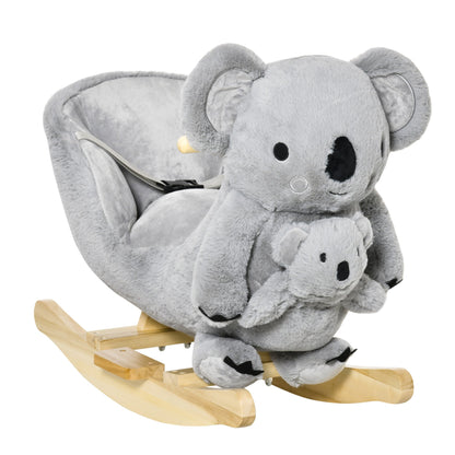 Kids Plush Ride-On Rocking Horse Koala-shaped Plush Toy Rocker with Gloved Doll Realistic Sounds for Child 18-36 Months Grey at Gallery Canada
