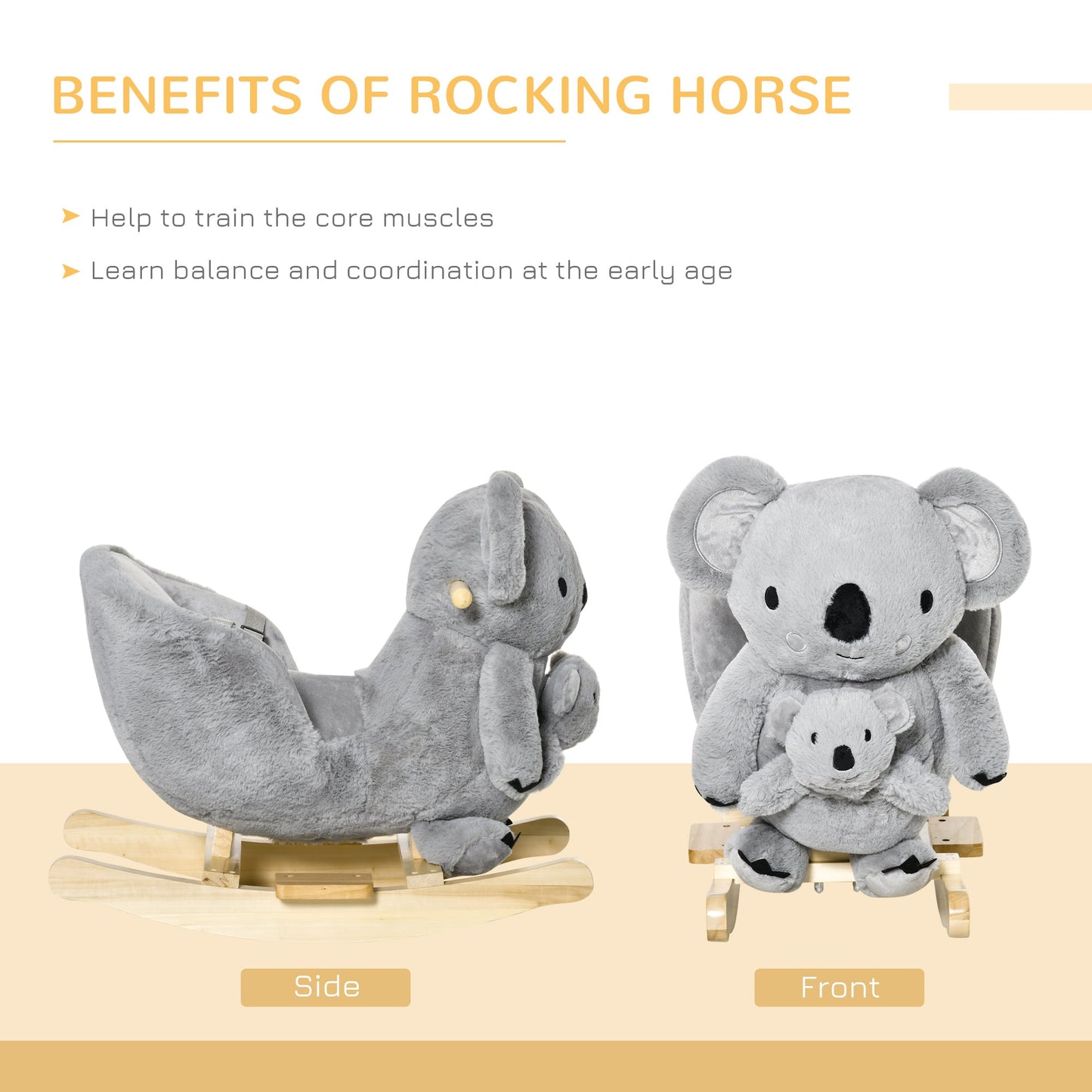 Kids Plush Ride-On Rocking Horse Koala-shaped Plush Toy Rocker with Gloved Doll Realistic Sounds for Child 18-36 Months Grey at Gallery Canada