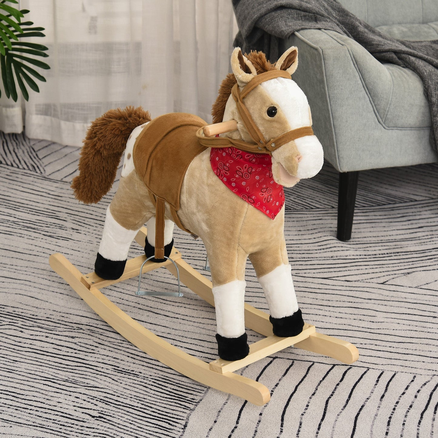 Kids Plush Ride-On Rocking Horse Toy Cowboy Rocker with Fun Realistic Sounds for Child 3-6 Years Old, Beige at Gallery Canada
