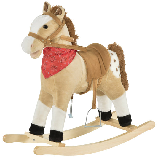 Kids Plush Ride-On Rocking Horse Toy Cowboy Rocker with Fun Realistic Sounds for Child 3-6 Years Old, Beige - Gallery Canada
