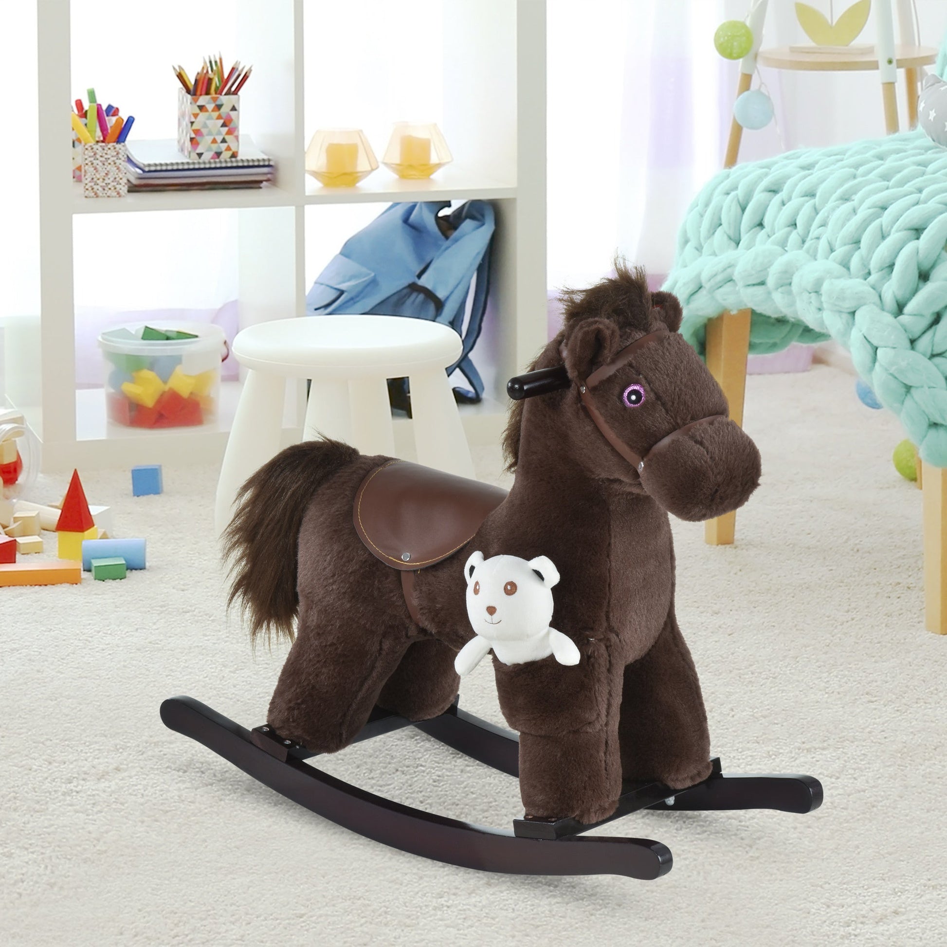 Kids Plush Ride-On Rocking Horse with Bear Toy, Children Chair with Soft Plush Toy &; Fun Realistic Sounds, Brown at Gallery Canada