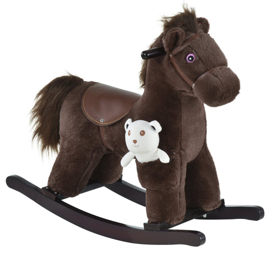 Kids Plush Ride-On Rocking Horse with Bear Toy, Children Chair with Soft Plush Toy &; Fun Realistic Sounds, Brown - Gallery Canada