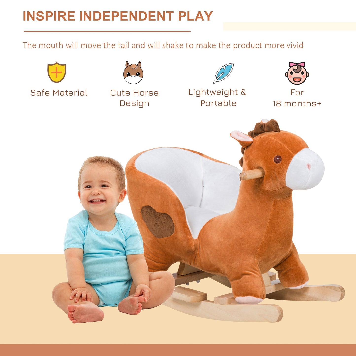 Kids Plush Rocking Horse Stuffed Animal Rocker Child Ride On Toy with Realistic Sound Red Brown at Gallery Canada