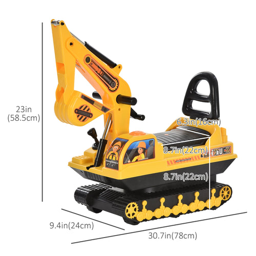 Kids Ride-on Excavator with Digger, Pretend Play Construction Truck with Under Seat Storage, Realistic Sound, Treaded Wheels, No Power Design