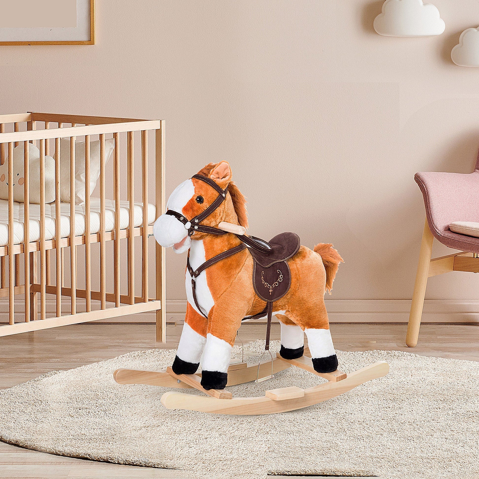 Kids Rocking Horse Child Plush Ride on Toy with Realistic Sound Red Brown at Gallery Canada