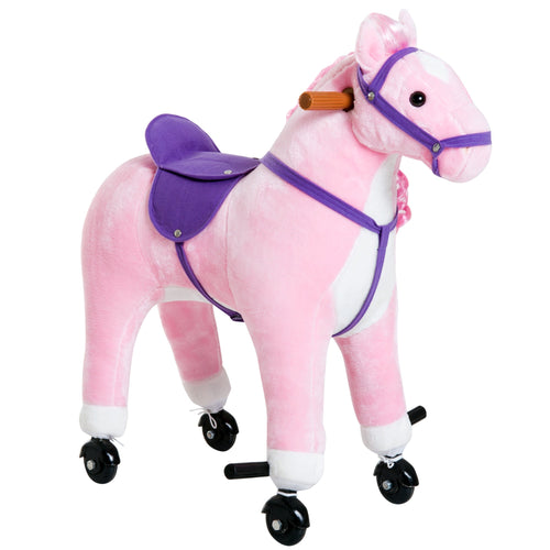 Kids Rocking Horse, Large Walking Ride on Toy for Toddlers 3 year old, Baby Plush Animal Rocker with Sound and Wheel, Pink