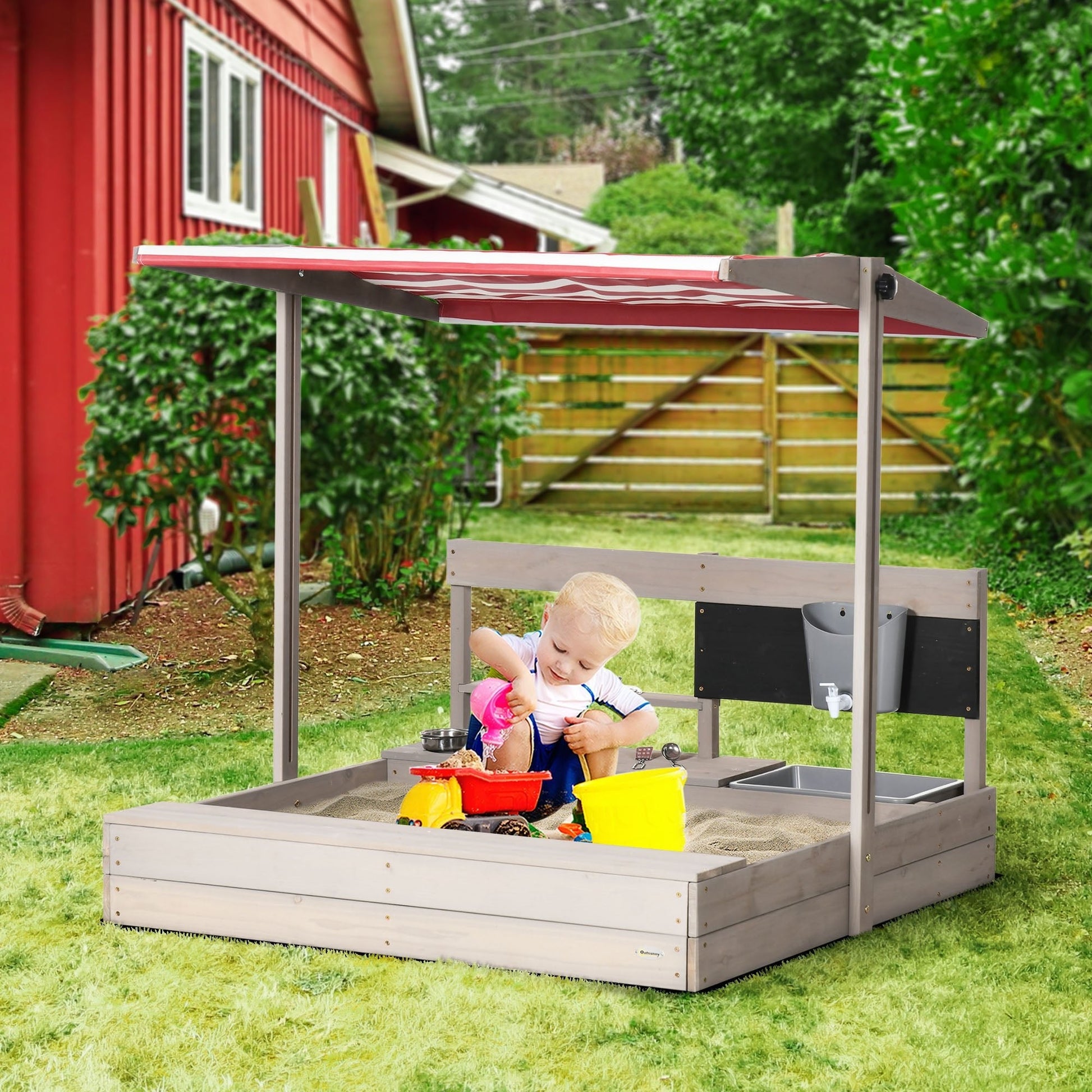Kids Sandbox with Cover, Wooden Sand Box with Adjustable Canopy, Kitchen Toys, Seat, Storage, Outdoor for 3-7 Years Old, 45x43 inch at Gallery Canada