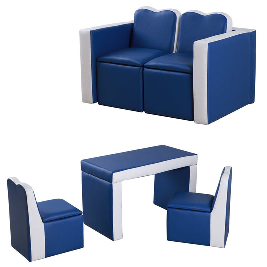 Kids Sofa Set 2-in-1 Multi-Functional Toddler Table Chair Set 2 Seat Couch Storage Box Soft Sturdy Blue - Gallery Canada