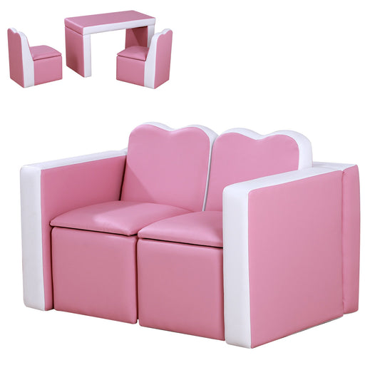 Kids Sofa Set 2-in-1 Multi-Functional Toddler Table Chair Set 2 Seat Couch Storage Box Soft Sturdy Pink - Gallery Canada