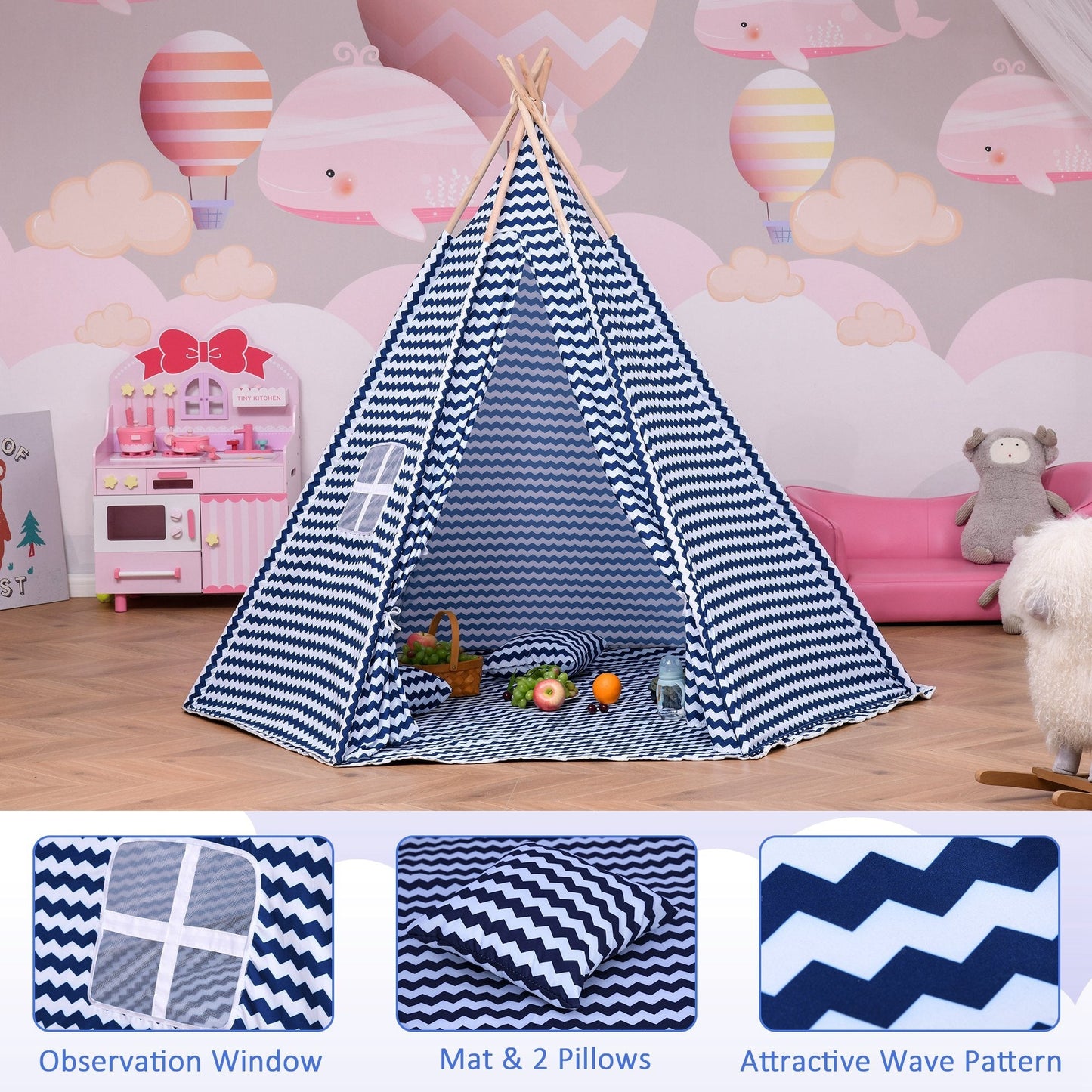 Kids Teepee Play Tent Portable Children Playhouse Toy for Boys and Girls with Mat Pillow Carry Case Indoor Outdoor Games Blue at Gallery Canada