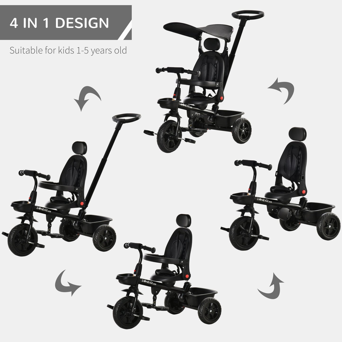Kids Tricycle 4 In 1 Trike with Reversible Angle Adjustable Seat Removable Handle Canopy Handrail Belt Storage Footrest Brake Clutch for 1-5 Years Old Black at Gallery Canada