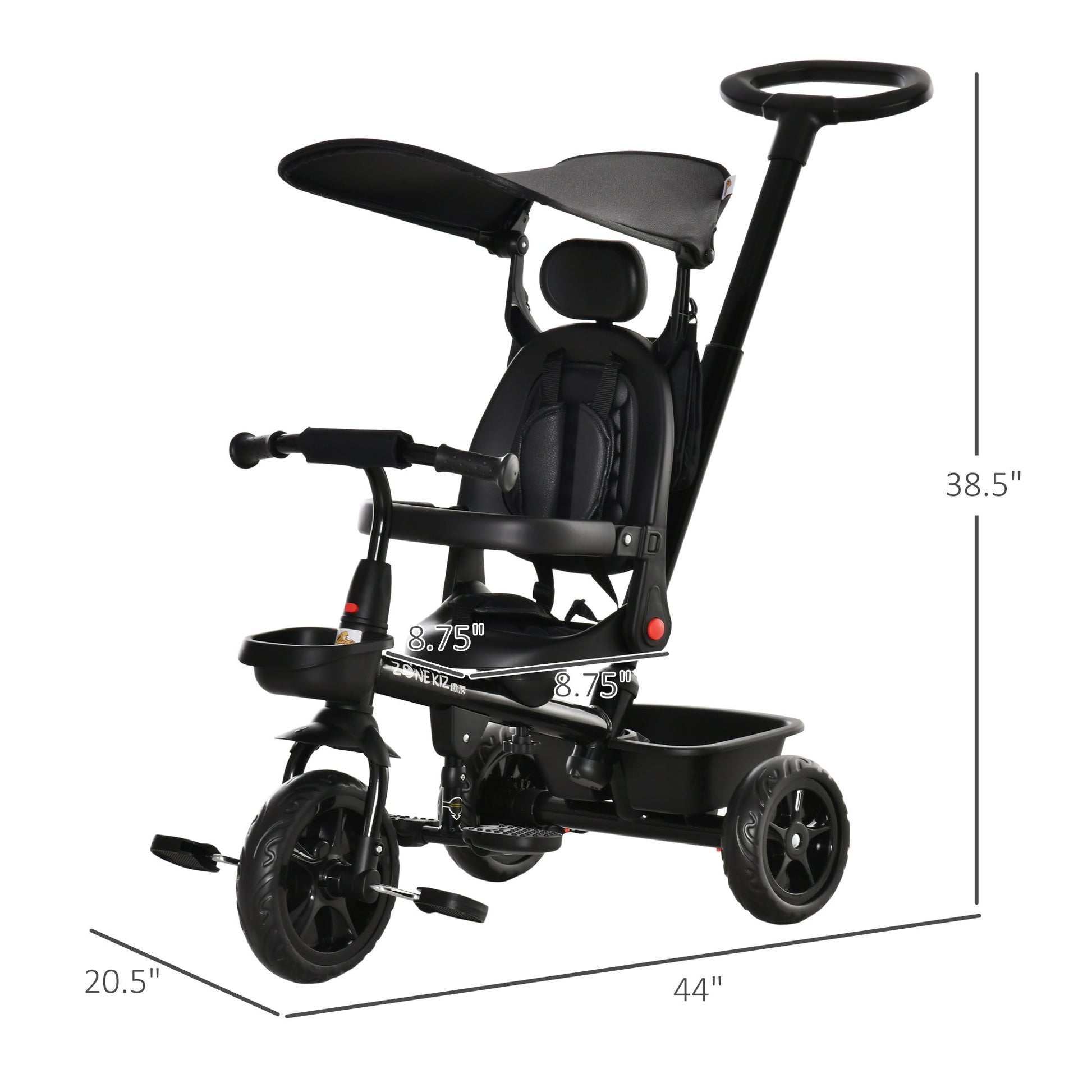 Kids Tricycle 4 In 1 Trike with Reversible Angle Adjustable Seat Removable Handle Canopy Handrail Belt Storage Footrest Brake Clutch for 1-5 Years Old Black at Gallery Canada