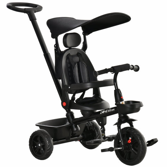 Kids Tricycle 4 In 1 Trike with Reversible Angle Adjustable Seat Removable Handle Canopy Handrail Belt Storage Footrest Brake Clutch for 1-5 Years Old Black - Gallery Canada