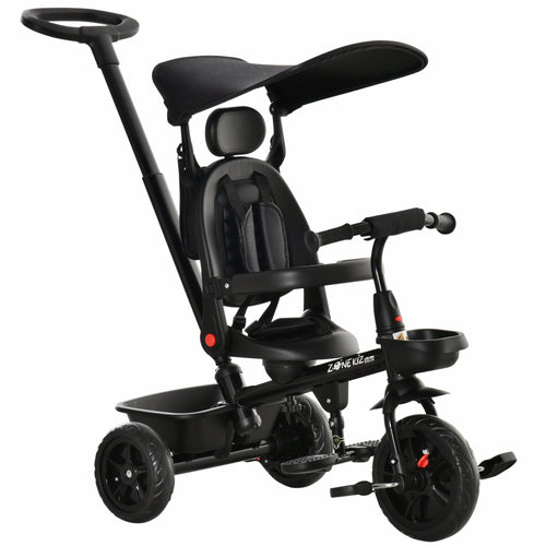 Kids Tricycle 4 In 1 Trike with Reversible Angle Adjustable Seat Removable Handle Canopy Handrail Belt Storage Footrest Brake Clutch for 1-5 Years Old Black