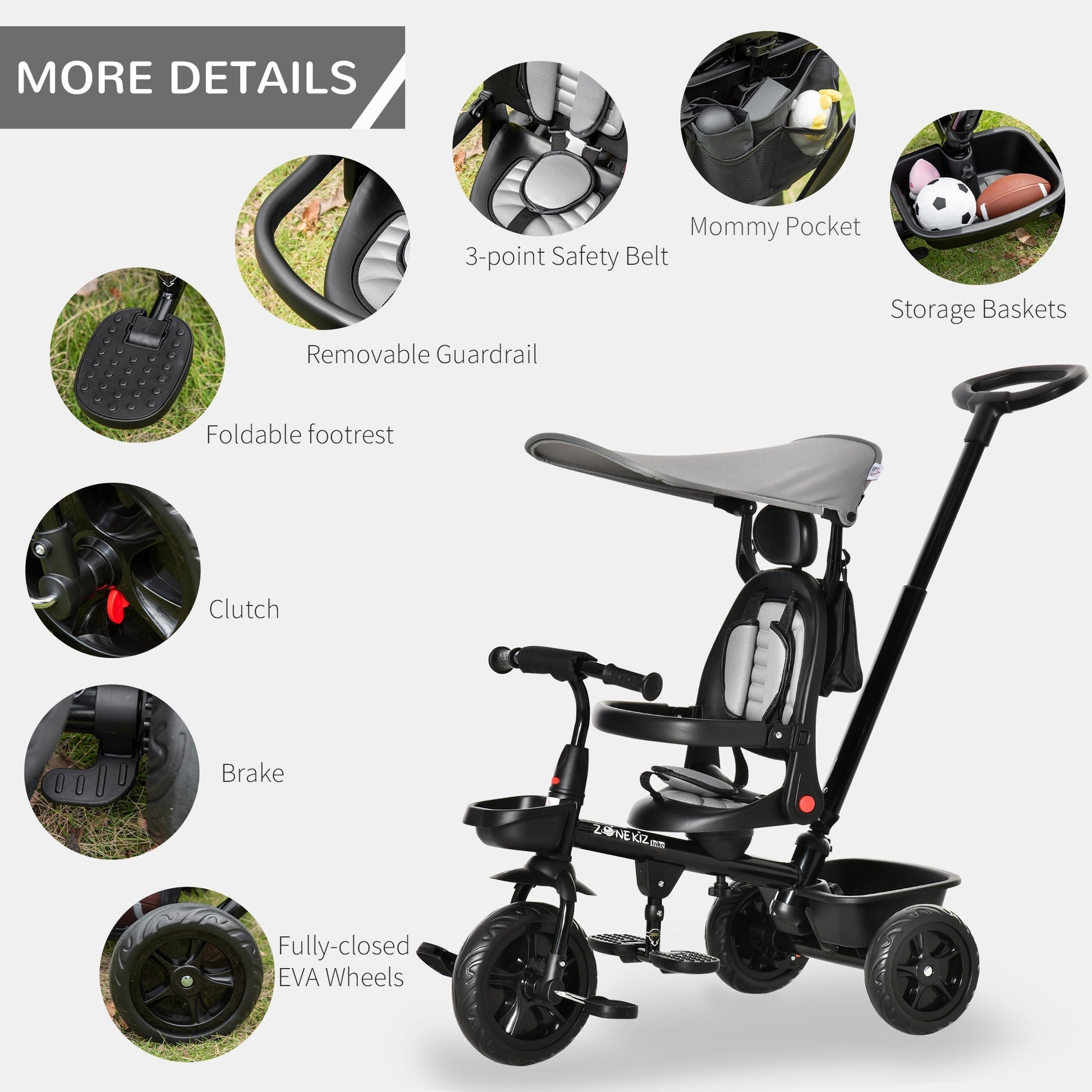 Kids Tricycle 4 In 1 Trike with Reversible Angle Adjustable Seat Removable Handle Canopy Handrail Belt Storage Footrest Brake Clutch for 1-5 Years Old Grey at Gallery Canada
