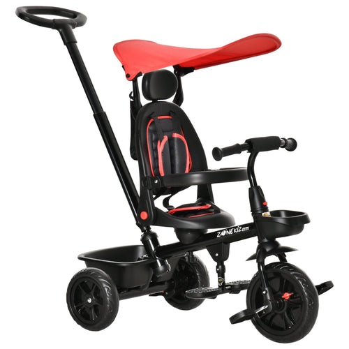 Kids Tricycle 4 In 1 Trike with Reversible Angle Adjustable Seat Removable Handle Canopy Handrail Belt Storage Footrest Brake Clutch for 1-5 Years Old Red