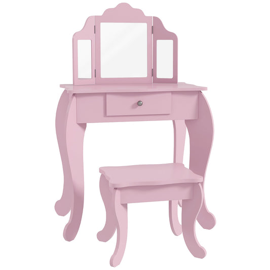 Kids Vanity Table and Stool, Makeup Vanity Girls Dressing Table Set with Tri-folding Mirrors Drawer Star and Heart Pattern, Pink - Gallery Canada
