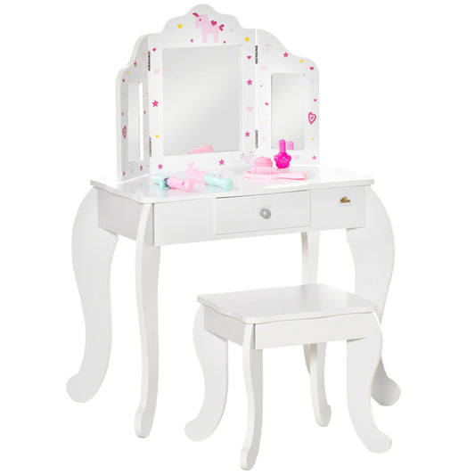 Kids Vanity Table and Stool, Makeup Vanity Girls Dressing Table Set with Tri-folding Mirrors Drawer Star and Heart Pattern, White - Gallery Canada
