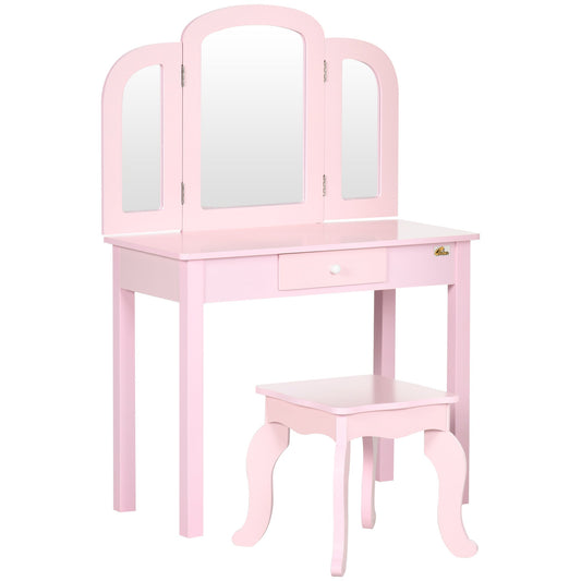 Kids Vanity Table &; Chair Set, Girls Dressing Set, Make Up Desk with Tri-folding Mirrors, Drawer, Pink - Gallery Canada