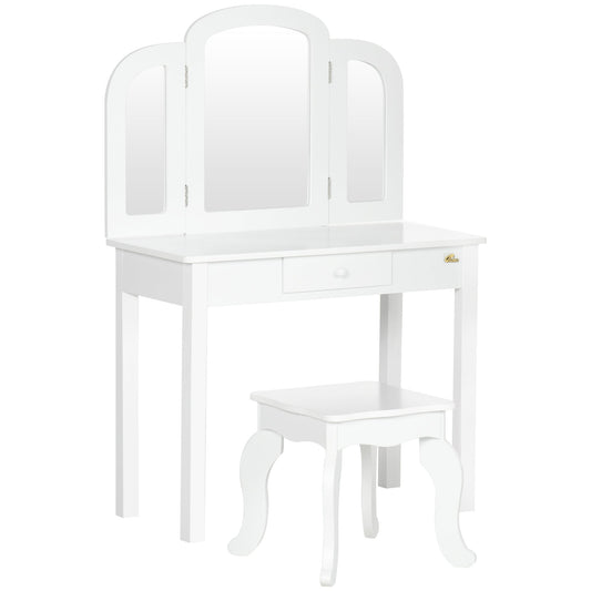 Kids Vanity Table &; Chair Set, Girls Dressing Set, Make Up Desk with Tri-folding Mirrors, Drawer, White - Gallery Canada