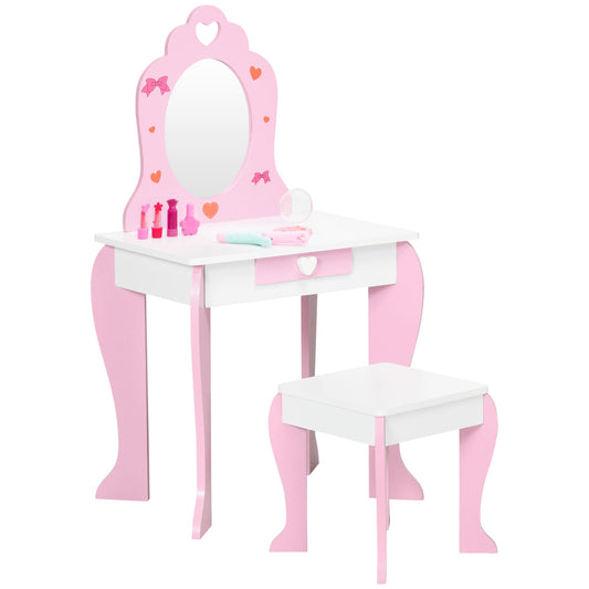 Kids Vanity Table &; Chair Set Girls Dressing Set with Mirror Drawer Cute Patterns for 3-6 Years Old, Pink - Gallery Canada