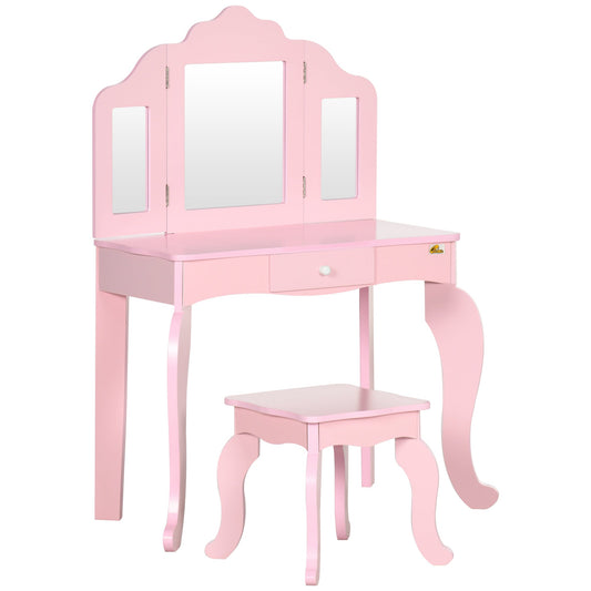 Kids Vanity Table &; Chair Set, Wooden Princess Makeup Dressing Table, Pretend Play Vanity Set for Little Girls with Tri-folding Mirrors, Drawer, Pink at Gallery Canada