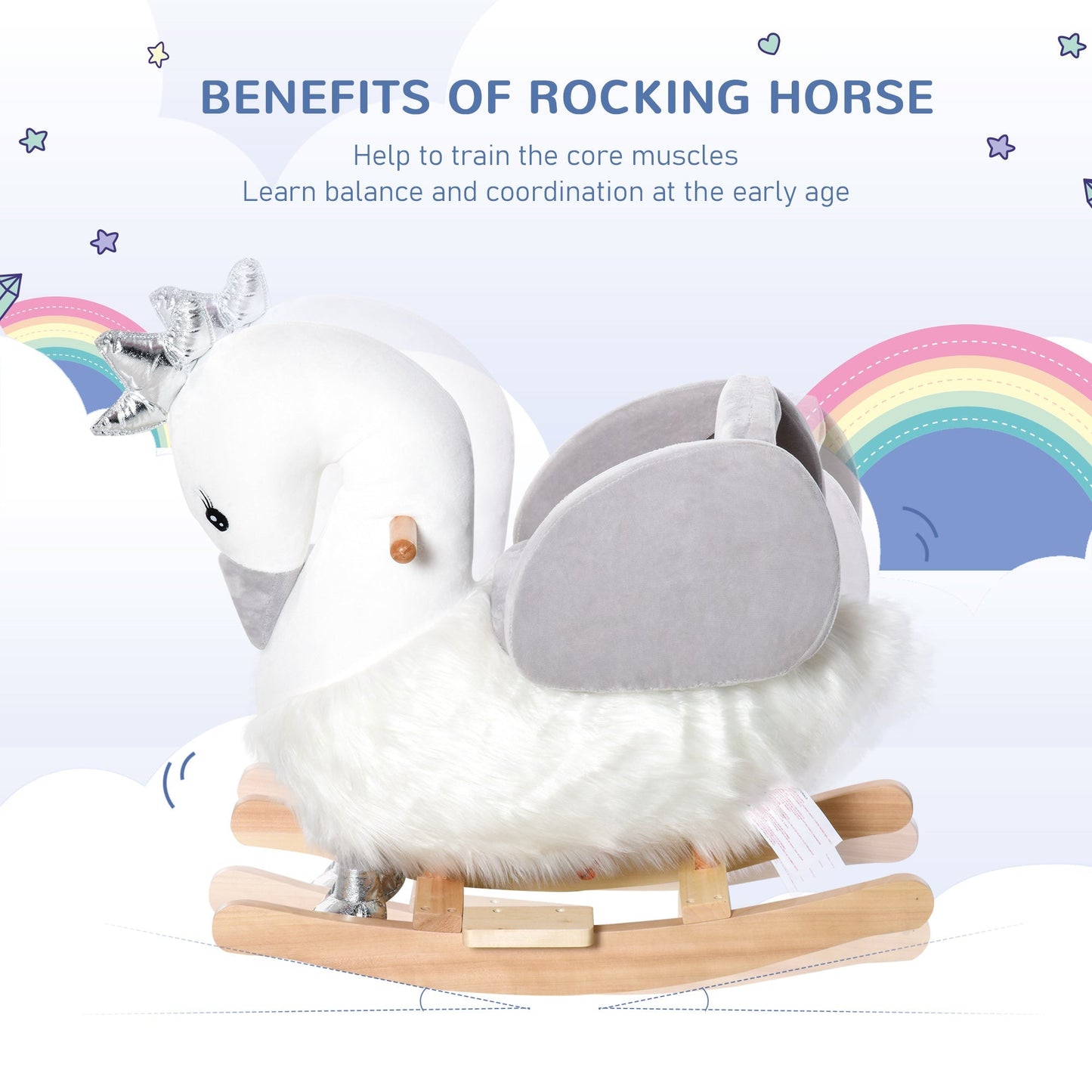 Kids Wooden Rocking Horse Swan Baby Rocking Chair Plush Ride On Swan with Sounds, Wooden Base for Babies 18-36 Months, White and Grey at Gallery Canada