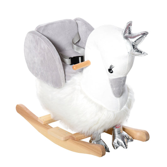 Kids Wooden Rocking Horse Swan Baby Rocking Chair Plush Ride On Swan with Sounds, Wooden Base for Babies 18-36 Months, White and Grey - Gallery Canada