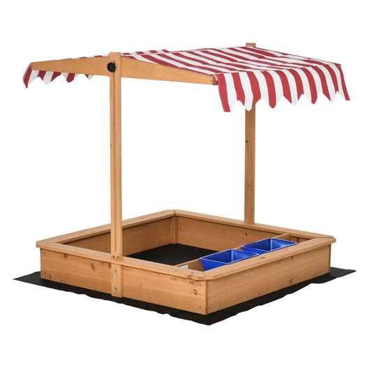 Kids Wooden Sandbox, Children Sand Play Station Outdoor with Adjustable Height Cover, Bottom Liner, Seat, Plastic Basins, for 3-7 Years Old Boys and Girls - Gallery Canada