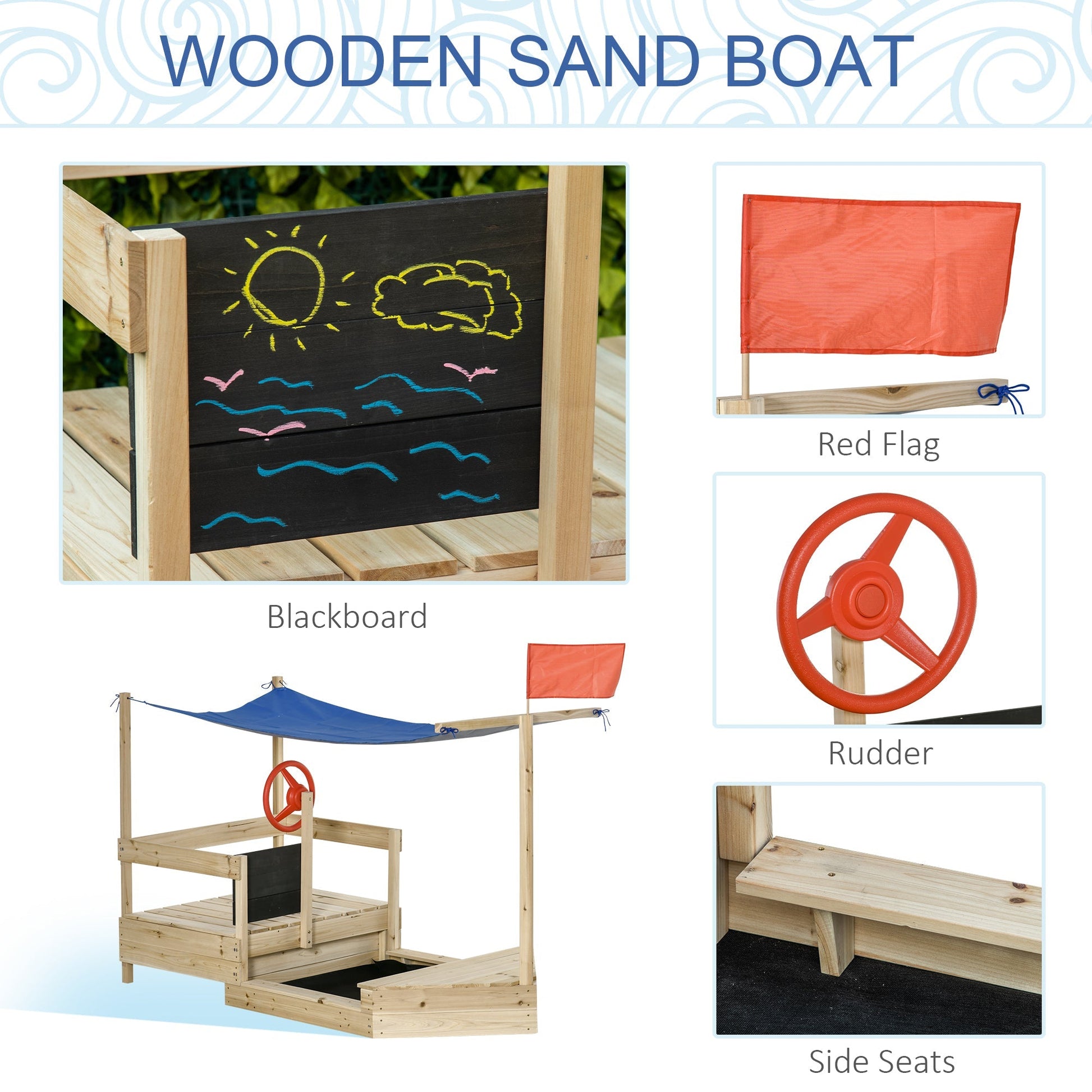 Kids Wooden Sandbox, Covered Children Sand boat Outdoor, Foldable Play Station, w/ Flag, Canopy Shade, Bottom Liner, Blackboard, for 3-8 Years Old, Natural Wood at Gallery Canada