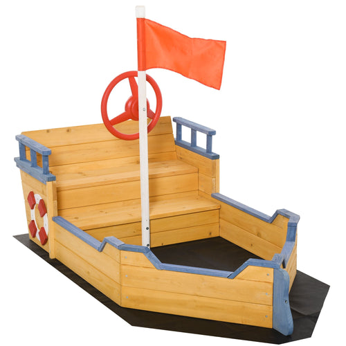 Kids Wooden Sandbox Pirate Ship Sandboat Outdoor Backyard Playset Children Play Station w/ Bench Seat Storage Space &; Flag for 3-6 Years Old