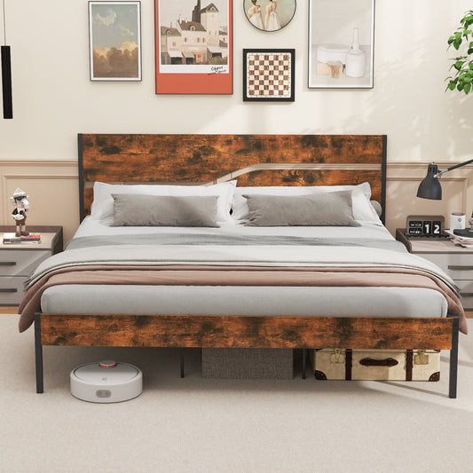 Twin/Full/Queen/King Metal Bed Frame with Wooden Headboard and Footboard-King Size, Rustic Brown Simple Bed Frame Rustic Brown - King at Gallery Canada