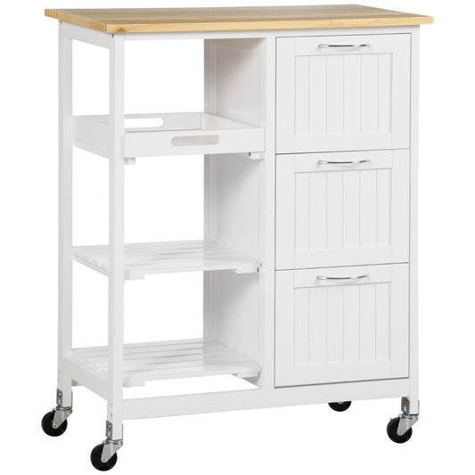 Kitchen Cart, Kitchen Island Coffee Bar Cart on Wheels with Wooden Top, Utility Trolley with 3 Storage Drawers, 2 Shelves, Removable Tray for Dining Room, White at Gallery Canada