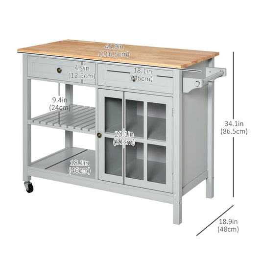 Kitchen Cart on Wheels, Utility Storage Island with Rubber Wood Top, Towel Rack, Cabinets, Drawers, Gray - Gallery Canada