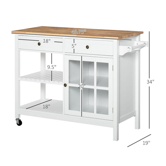 Kitchen Cart on Wheels, Utility Storage Island with Rubber Wood Top, Towel Rack, Cabinets, Drawers, White - Gallery Canada
