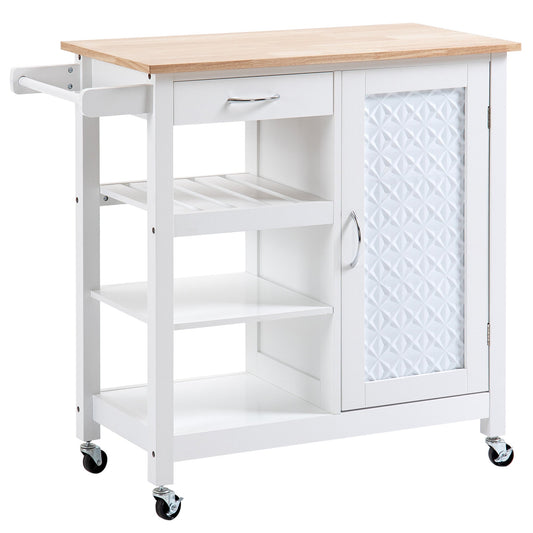 Kitchen Cart on Wheels with Embossed Door Panel, Utility Kitchen Island with Storage Drawer, White at Gallery Canada