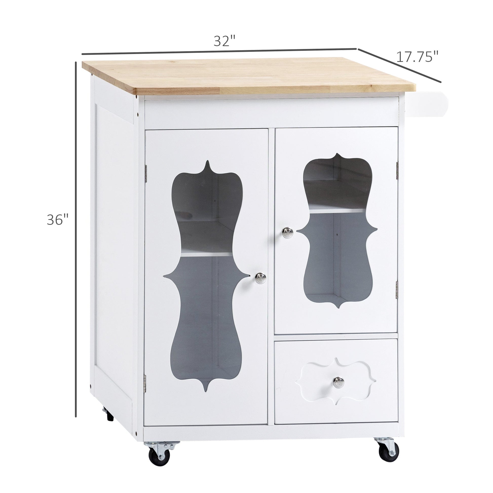 Kitchen Cart, Small Kitchen Island, Rubber Wood Top Utility Trolley on Wheels with 2 Cabinets Storage Drawer Towel Rack for Dining Room, White at Gallery Canada