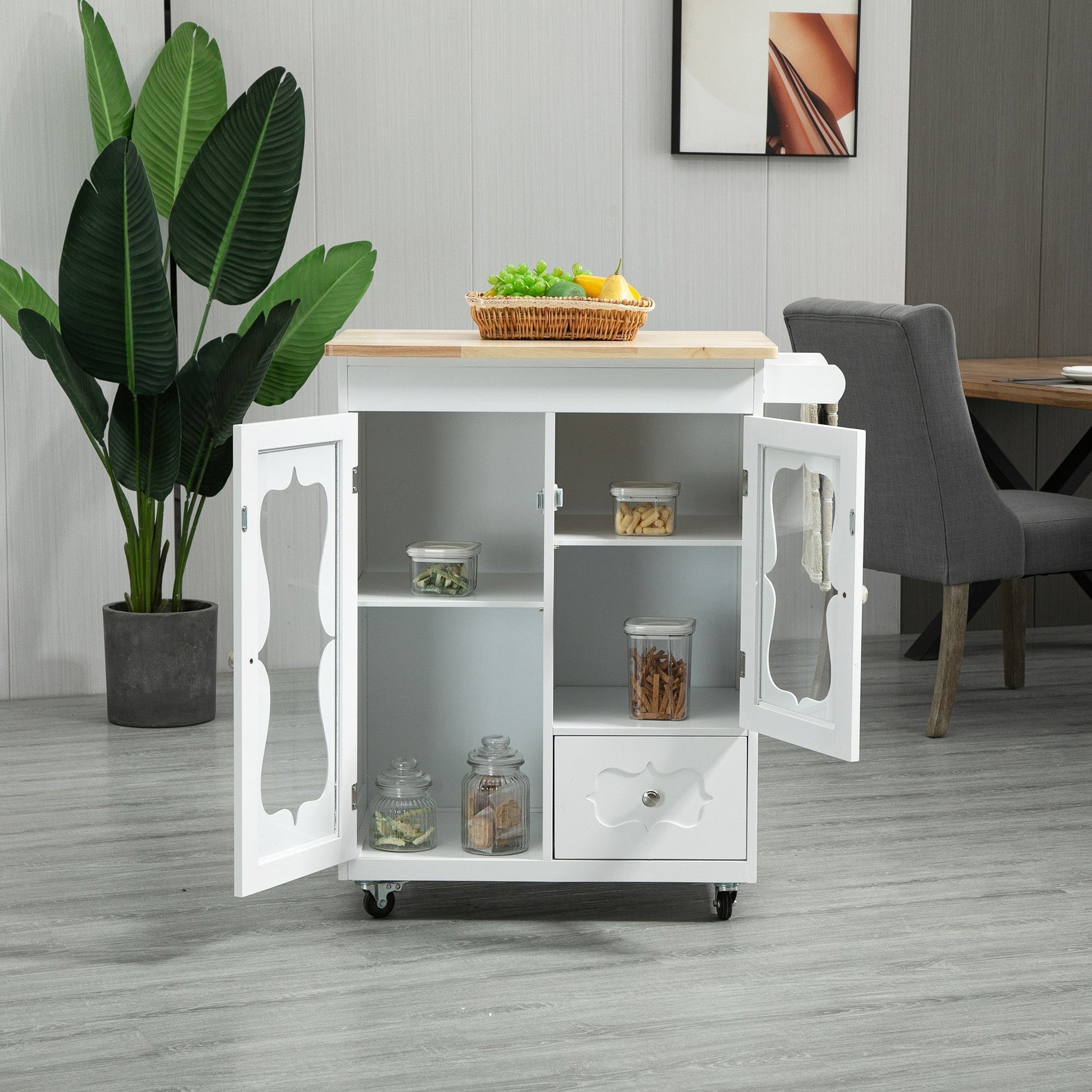 Kitchen Cart, Small Kitchen Island, Rubber Wood Top Utility Trolley on Wheels with 2 Cabinets Storage Drawer Towel Rack for Dining Room, White at Gallery Canada