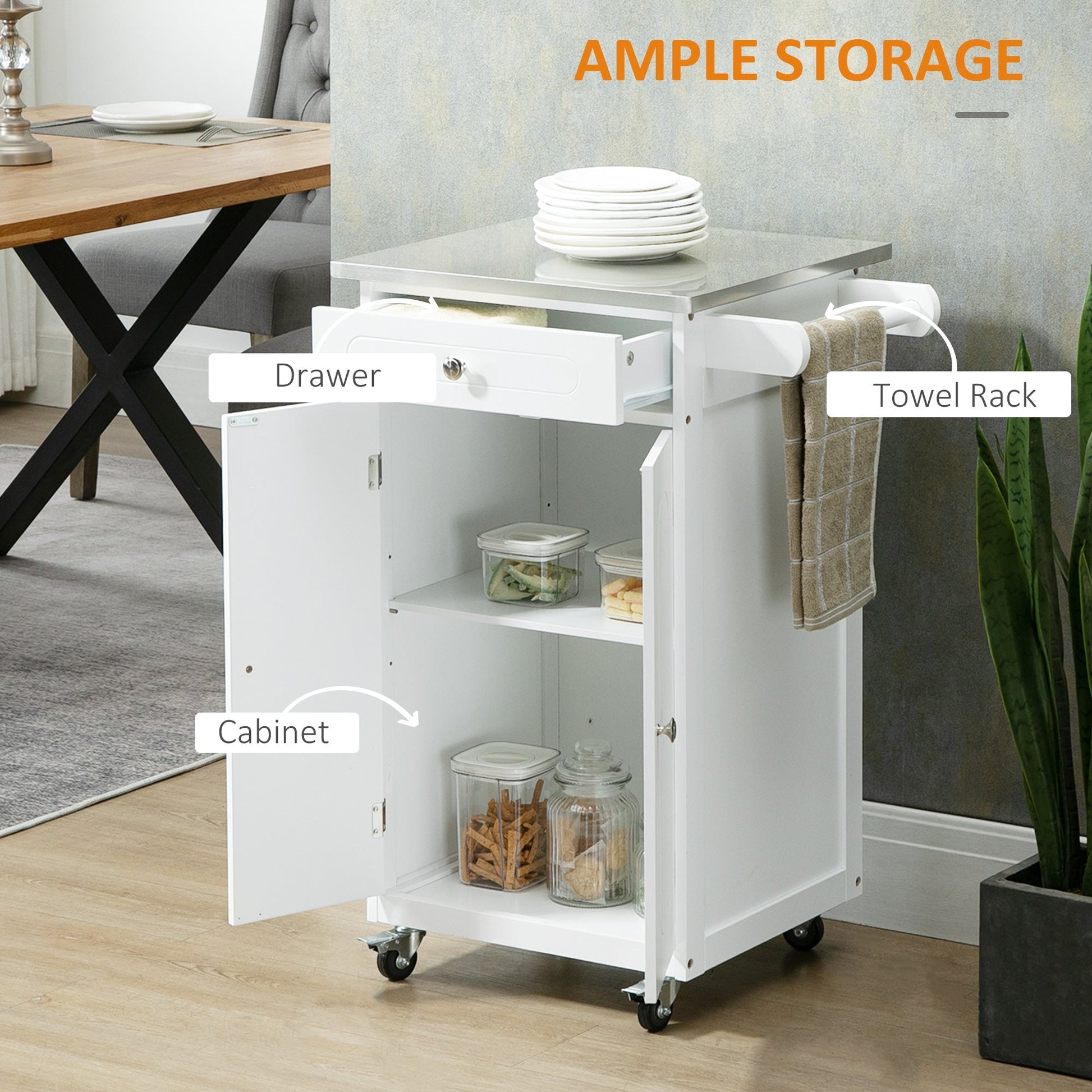 Kitchen Cart, Small Kitchen Island, Stainless Steel Top Utility Trolley on Wheels with Storage Drawer for Dining Room, Kitchen, White at Gallery Canada