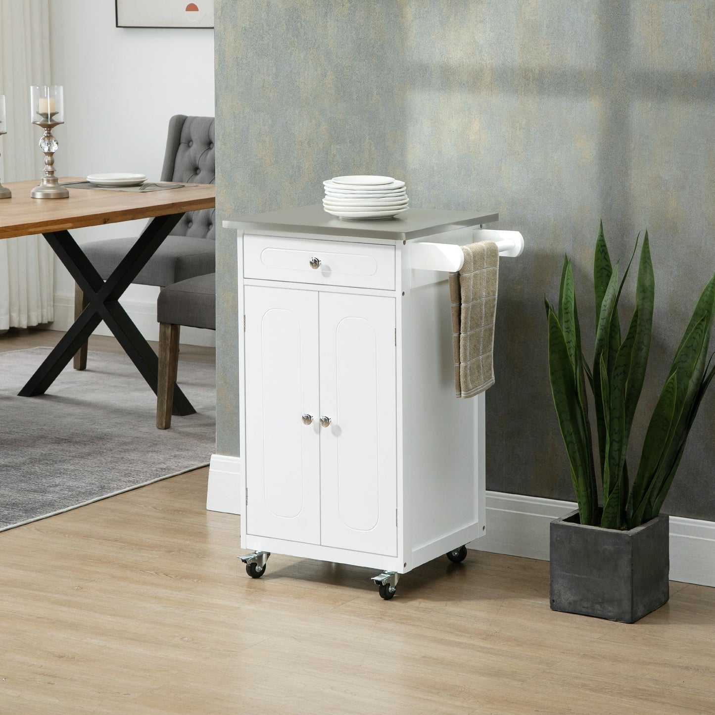 Kitchen Cart, Small Kitchen Island, Stainless Steel Top Utility Trolley on Wheels with Storage Drawer for Dining Room, Kitchen, White at Gallery Canada