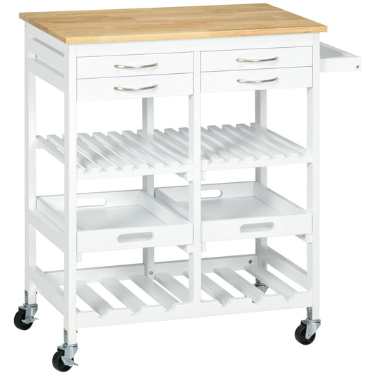 Kitchen Island with Storage, Bar Cart with 6-Bottle Wine Rack, Kitchen Cart with Natural Wood Top, 4 Drawers, 2 Removable Tray for Dining Room, Living Room, White at Gallery Canada