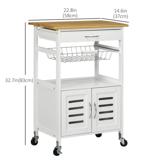 Kitchen Island With Storage, Kitchen Cart on Wheels with Bamboo Table Top, Cabinet, Drawer and Wire Basket, White at Gallery Canada
