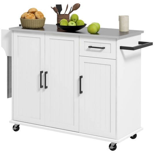 Kitchen Island with Storage, Rolling Kitchen Cart on Wheels, Kitchen Island with Storage, Drawer, 3 Cabinets, Stainless Steel Countertop, Spice Rack and Towel Rack, White - Gallery Canada